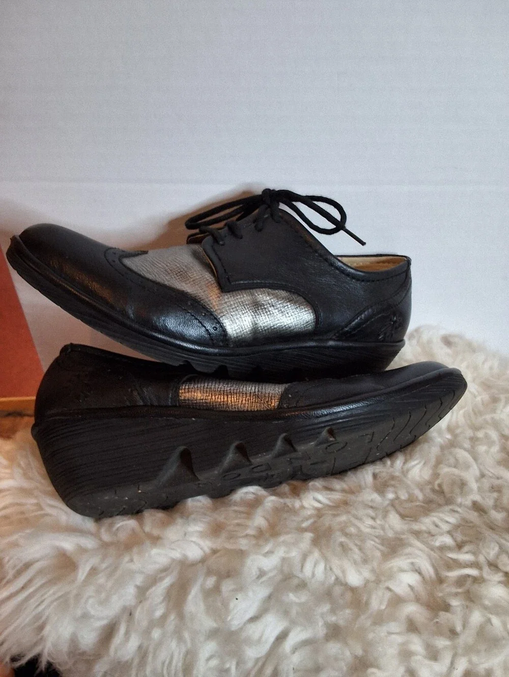Fly London Black Silver Leather Lace Up Wedge Oxford Shoes Size 40 9- 9.6